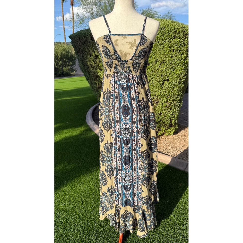 Intimately Free People Bohemian Printed Smocked Lace Slip Maxi Dress Small